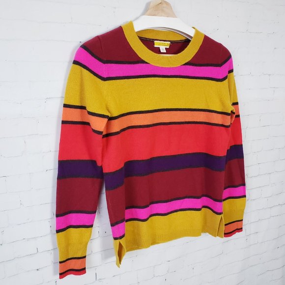 J Crew 100% Cashemere Crewneck Sweater Size XS Multi Stripe Mustard Yellow Red - Picture 3 of 6